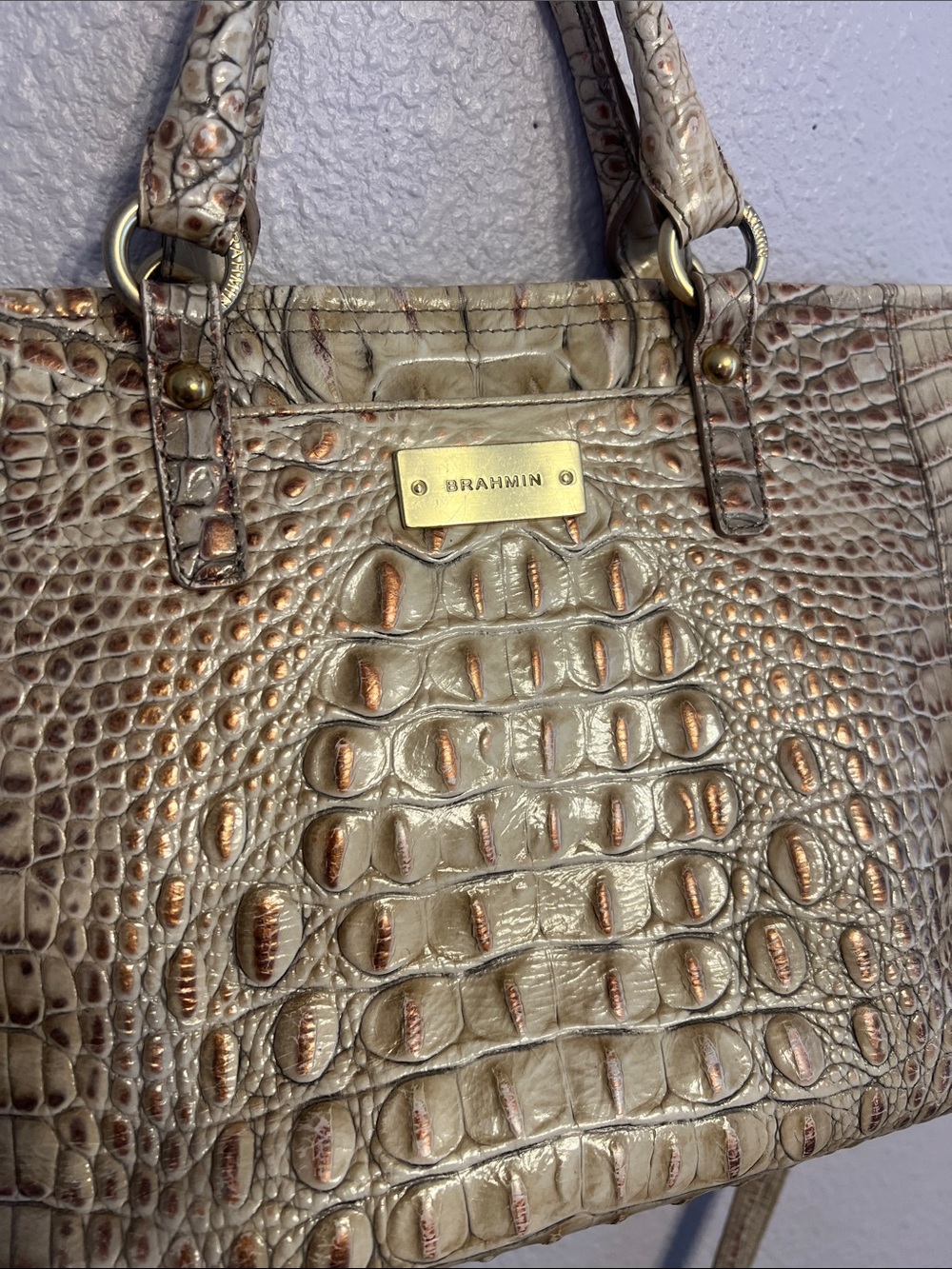 BRAHMIN Mini Arno Melbourne Cream & Copper Croc-Embossed Crossbody Satchel LN!